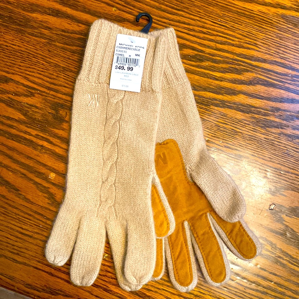 Michael Kors Tan cashmere and leather gloves for women